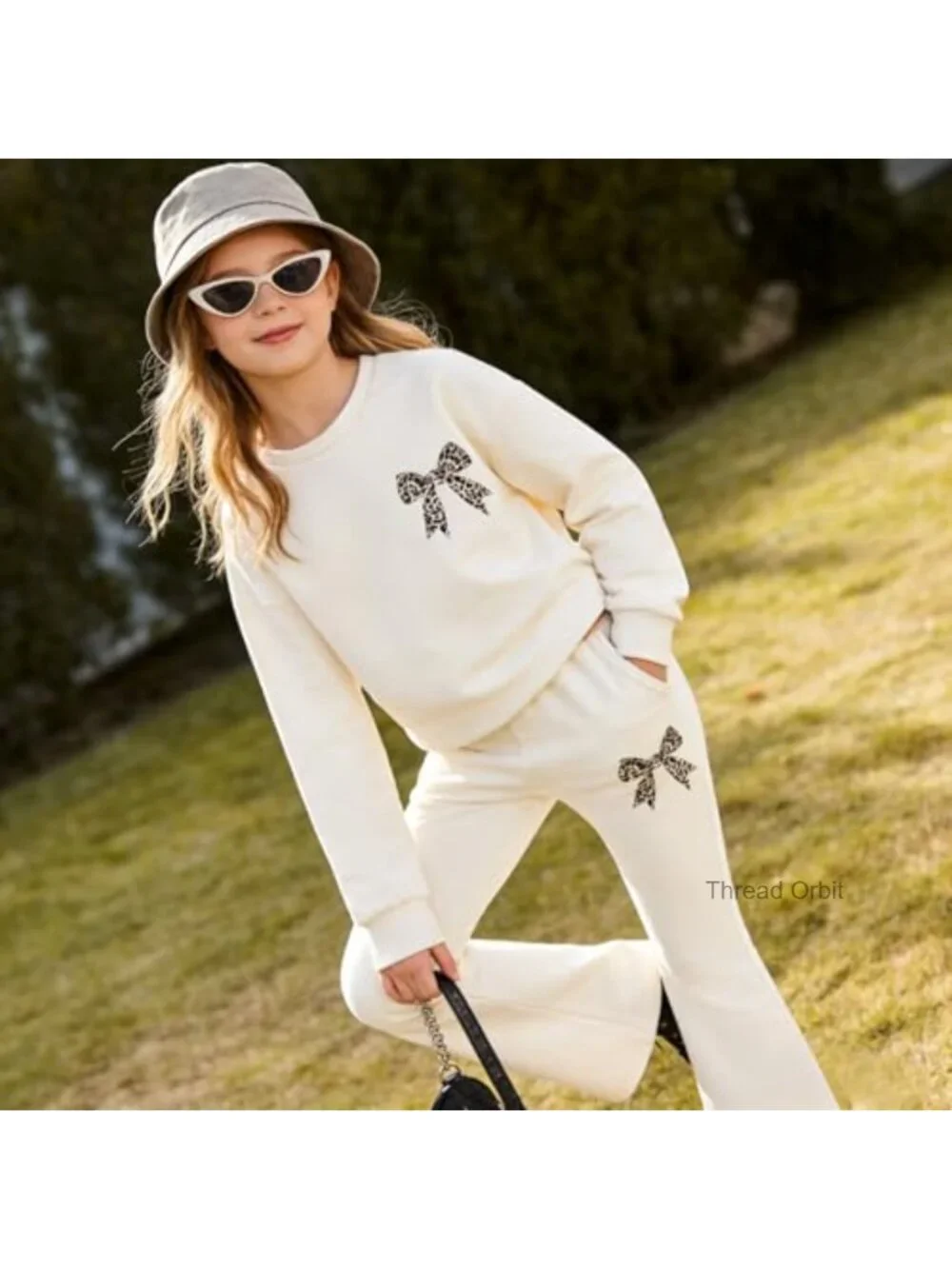 Tween Girls Long Sleeve Graphic Sweatshirt + Bow Knot Pants 2 Piece Set